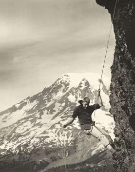 Gale Dick ’50 rapells in Washington's Tatoosh Mountains in 1949.