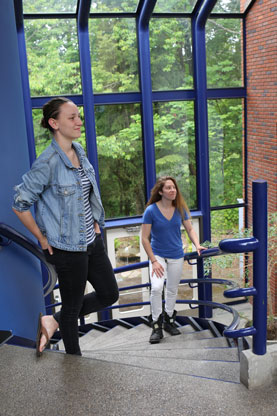 Allie Morgan ’14 and Anya Demko ’14 installed a series of lasers and phototransistors on the spiral staircase in Vollum, turning the steps into a giant, twisting keyboard spanning two octaves on a C major scale.