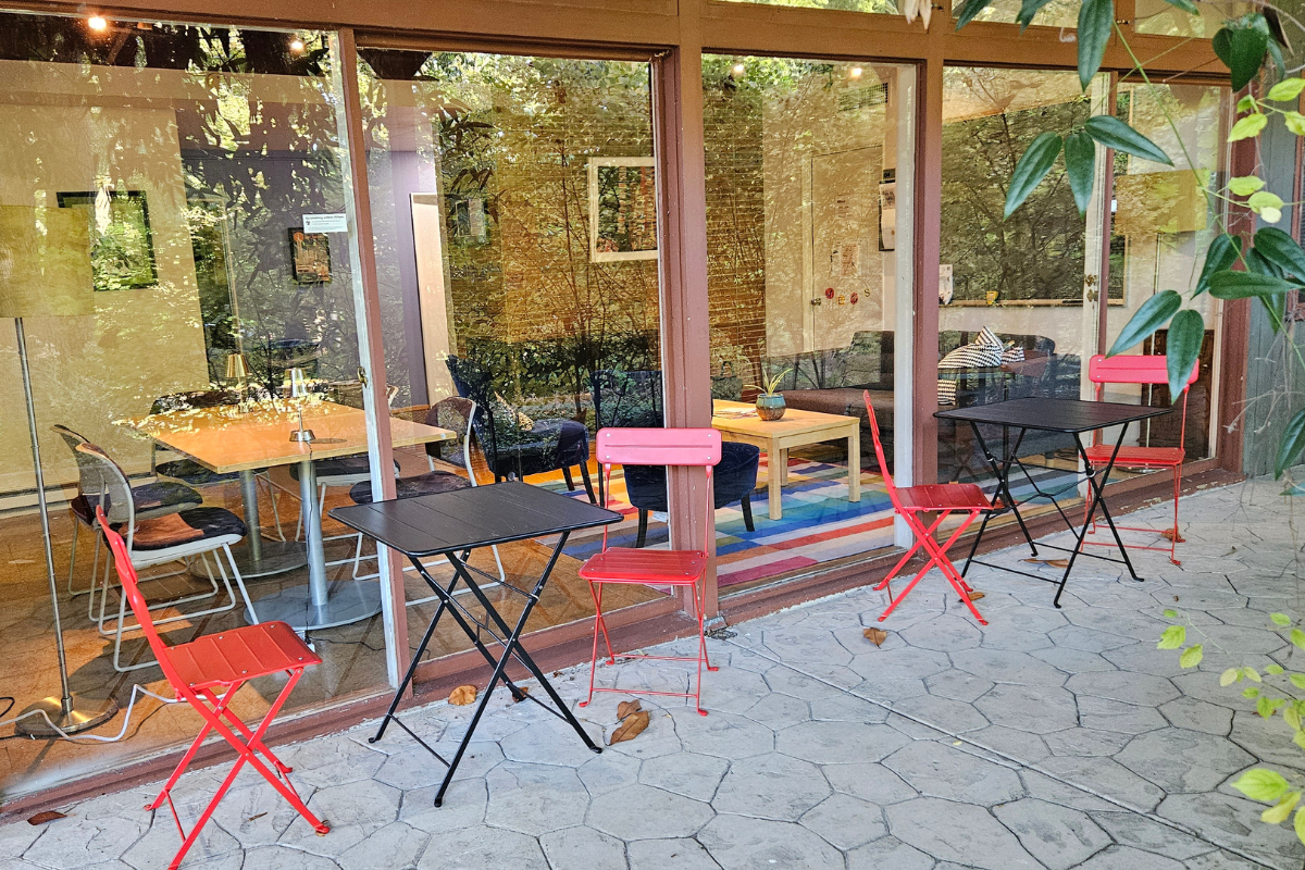 Tables and chairs outside a building