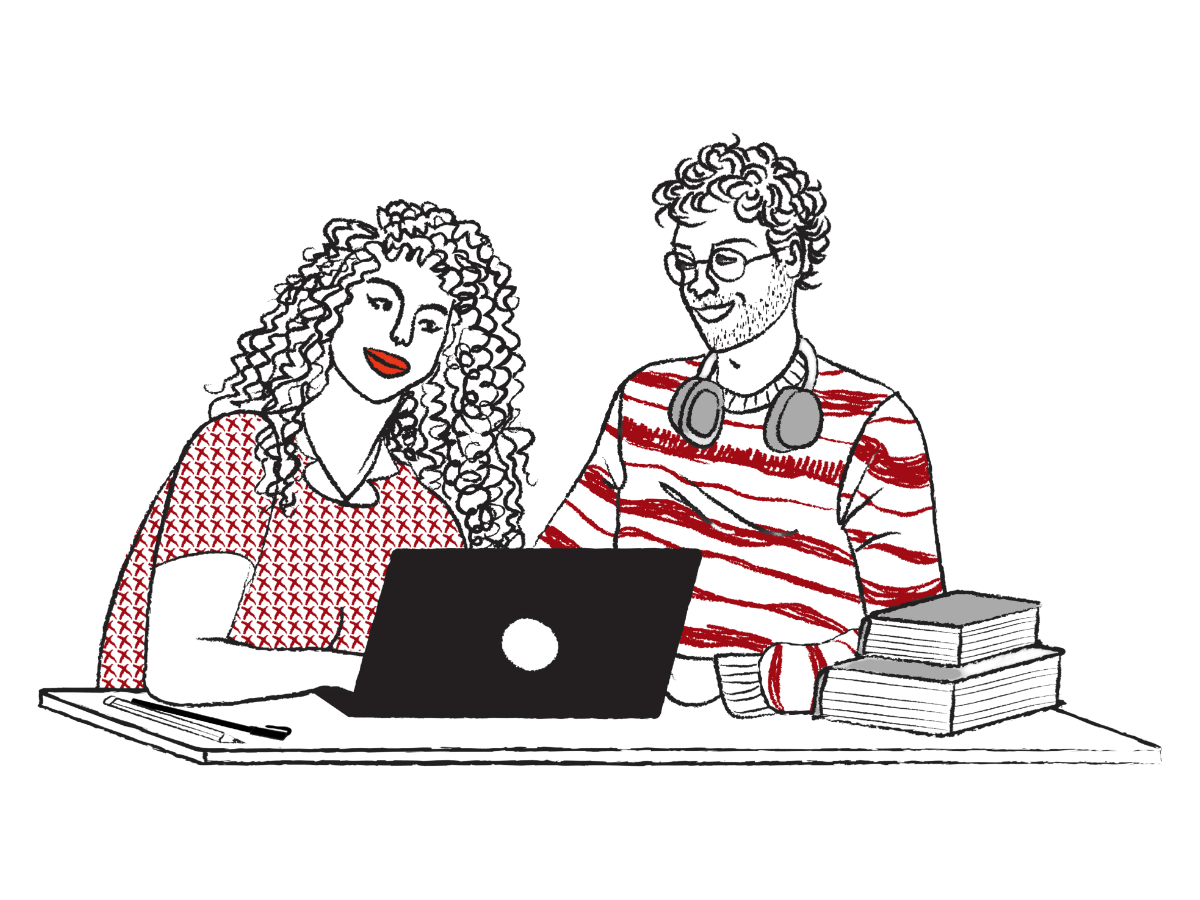 Drawing of two students working together