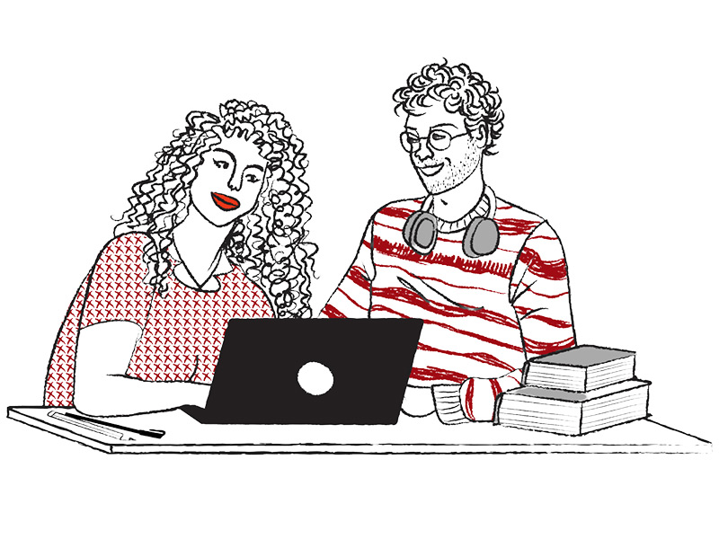 An illustration of two students seated at a table with an open laptop.