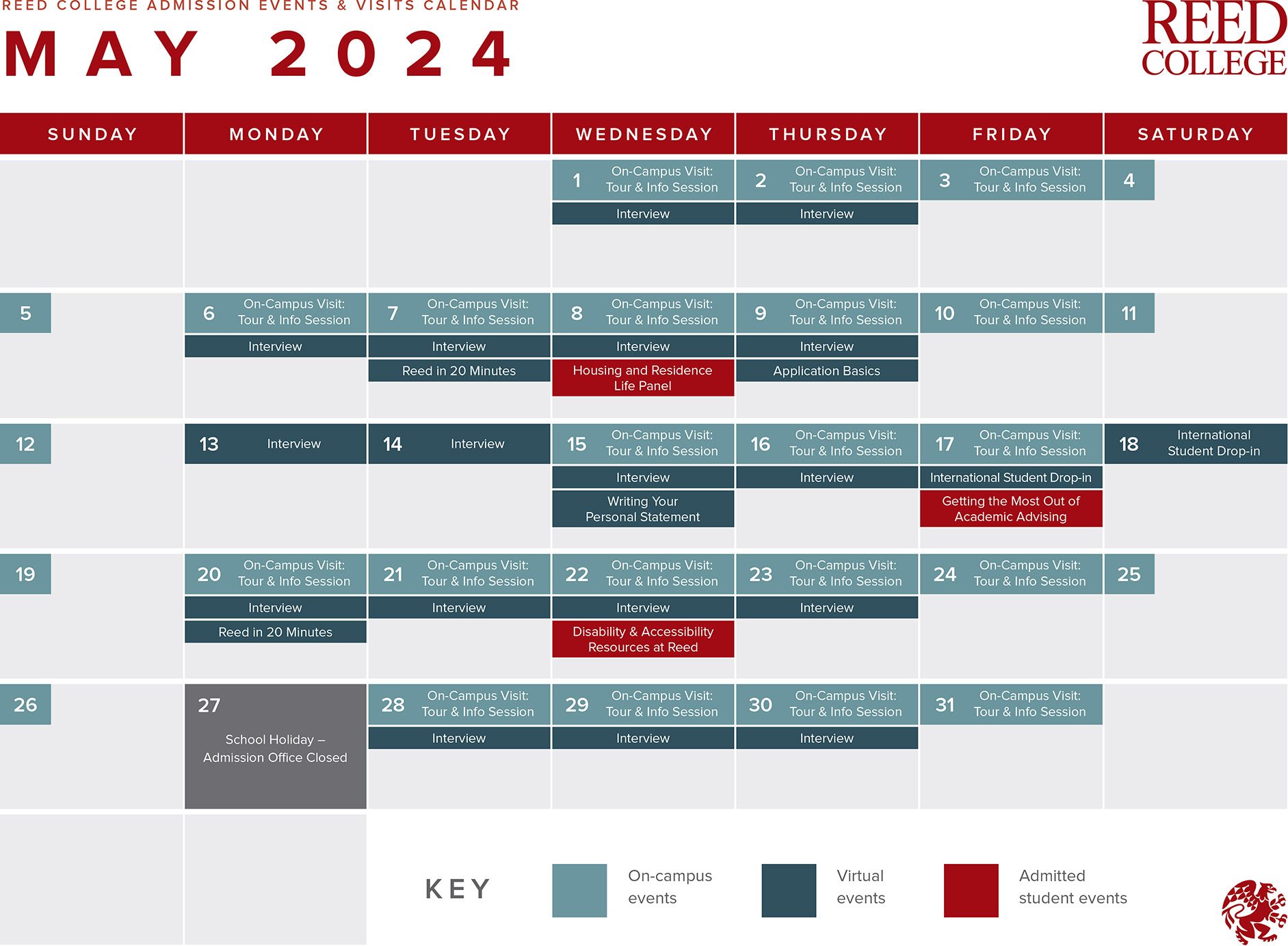 May 2024 Admission events calendar