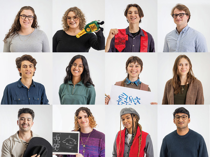 12 Reed student headshots with each student wearing or holding something unique that represents their individual personality.