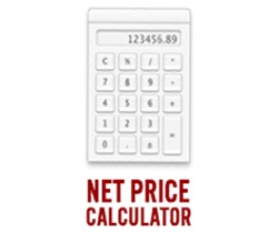 Grey calculator with red text "net price calculator" displayed below