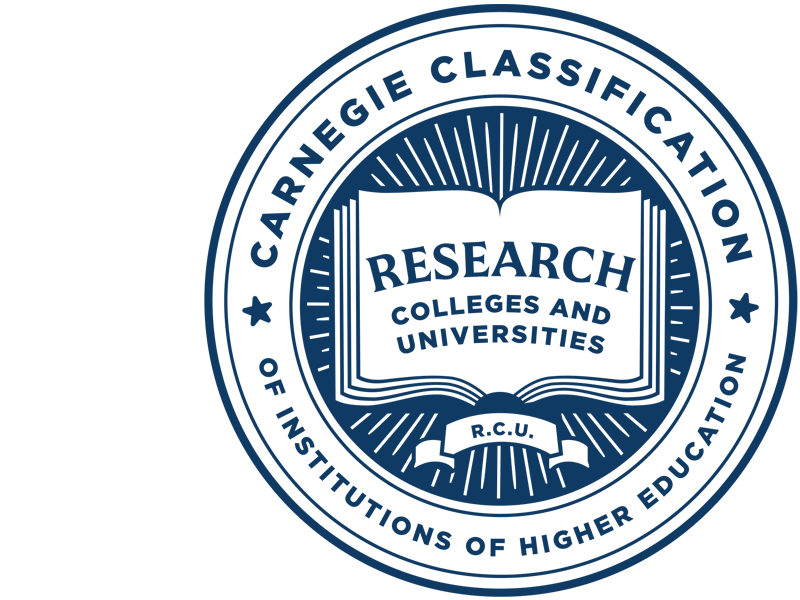 Blue Carnegie seal on white background that says Research College and University.