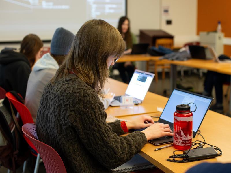 A classroom of students typing on laptops.