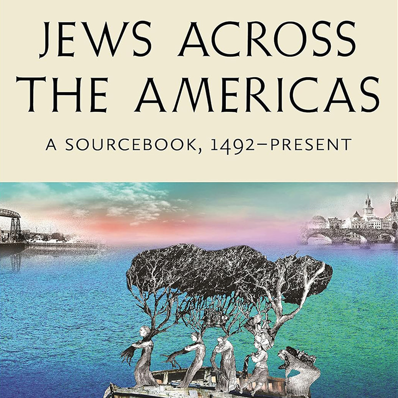 Cover of the book Jews Across the Americas, co-edited by Reed Professor Laura Leibman. The cover art is a line drawing of people on a boat carrying trees.