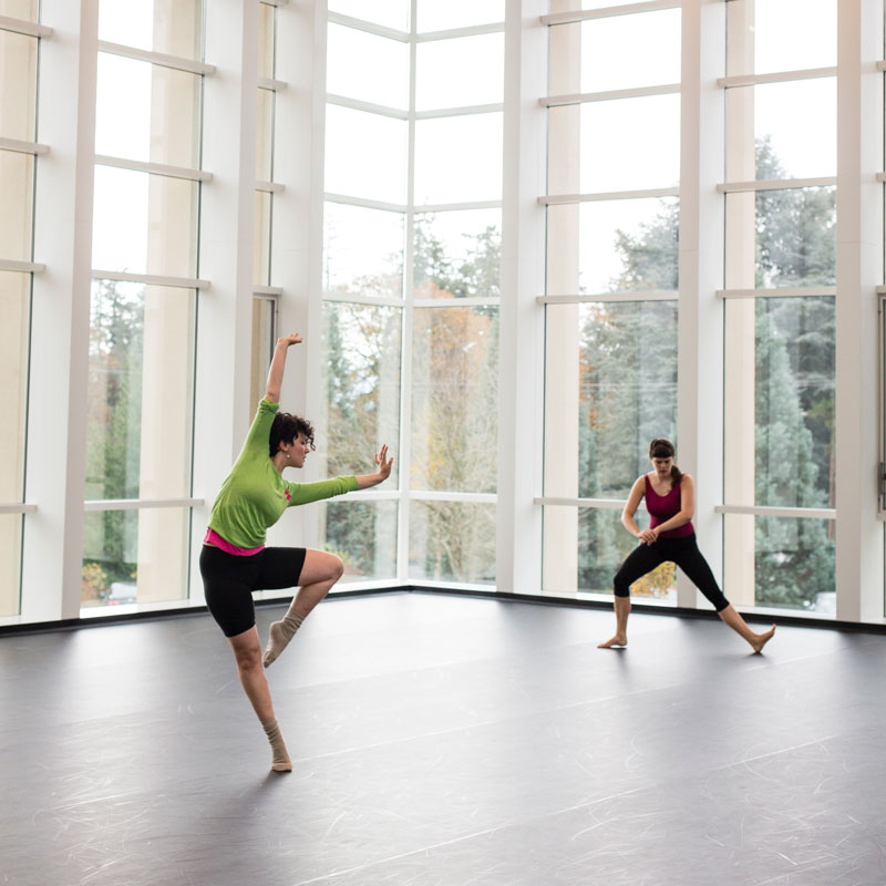 Reed College students rehearse for a dance performance at one of the dance studios in the Performing Arts Building