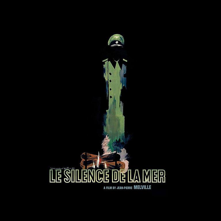 A poster for the 1949 film Le Silence de la mer. A green abstract image of a soldier is shown against a black background above the title. 