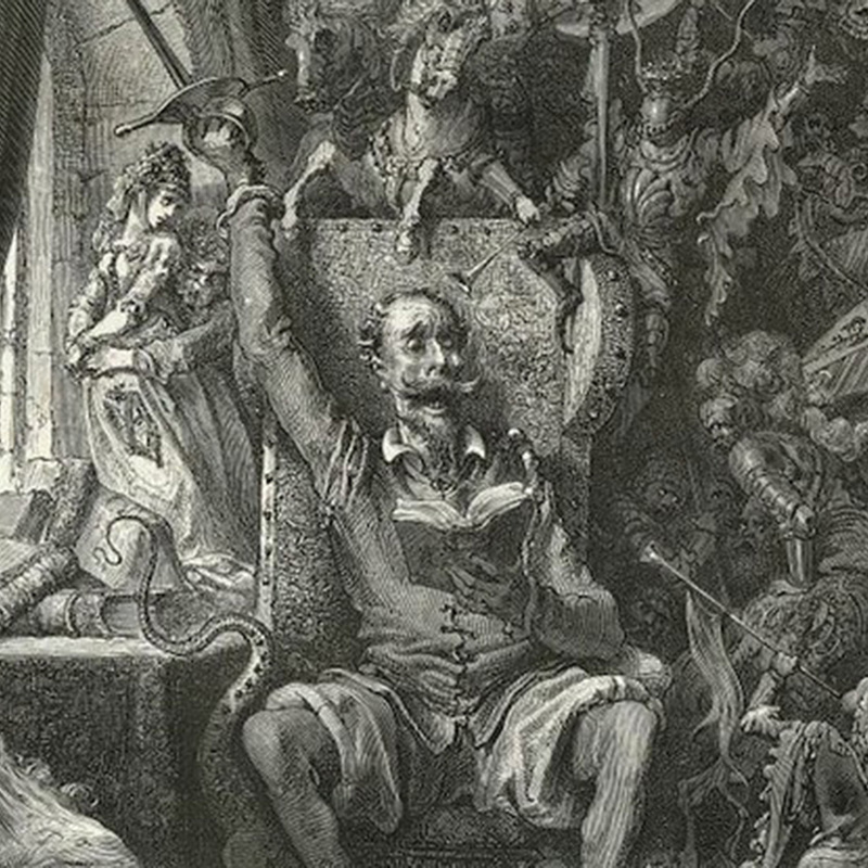 An engraving from the book Don Quixote. A person reads in an armchair, with the contents of the book appearing as images all around them