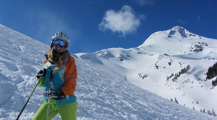 A student skiing on Mt. Hood.