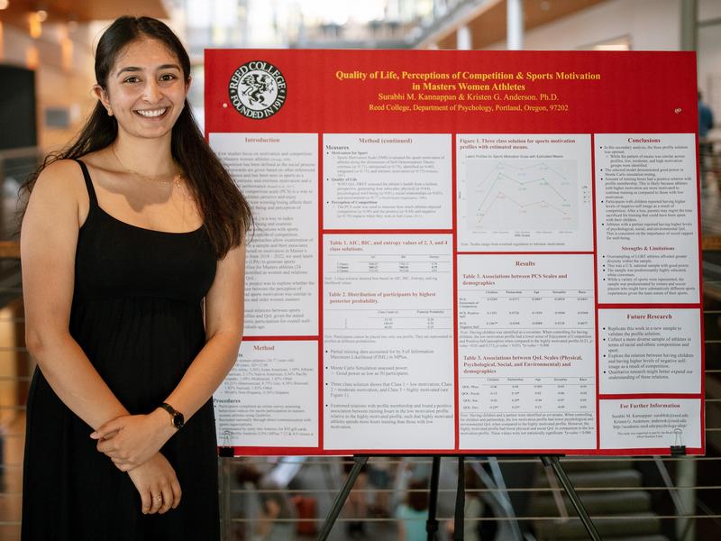 A student stands in front of their psychology poster smiling at the camera.