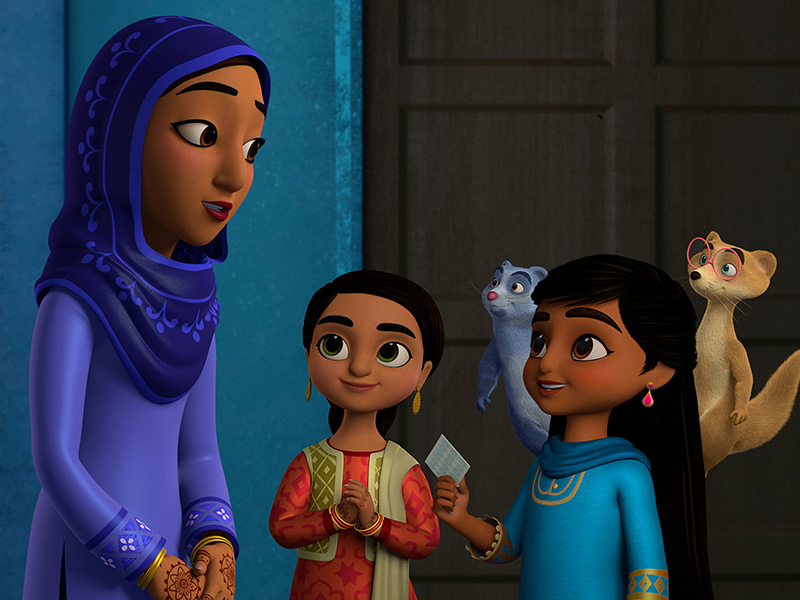 A scene of three females and two animals gathered together from the animated children' series "Mira, Royal Detective"