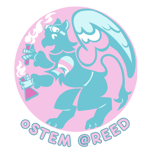 A logo of a pink and turquoise griffin holding beakers, over the words oSTEM @ Reed 