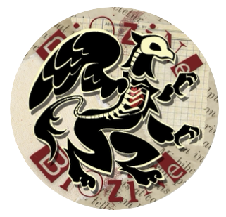 A logo of a skeletal griffin over the words BioZine