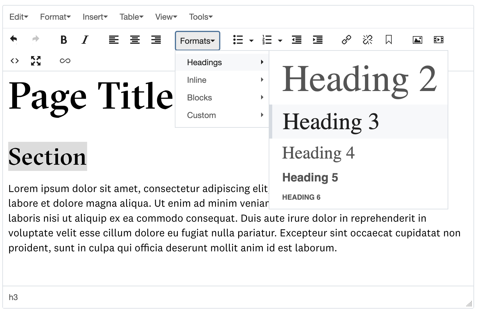A screenshot showing the Heading Style options in the Custom Formats menu of the Cascade editor