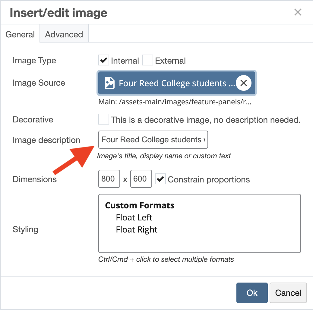 A screenshot of the image insertion dialog in Cascade, highlighting the "Image description" field