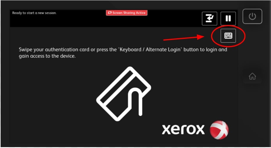 This shows the page you see when you turn on the copier. The text on screen asks you to swipe your ID on the scanner or to enter in your login information with the keyboard button on the top right corner of the screen. The keyboard button has been circled red.