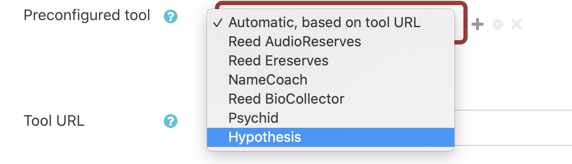 Moodle menu for a preconfigured tool showing the Hypothesis option selected