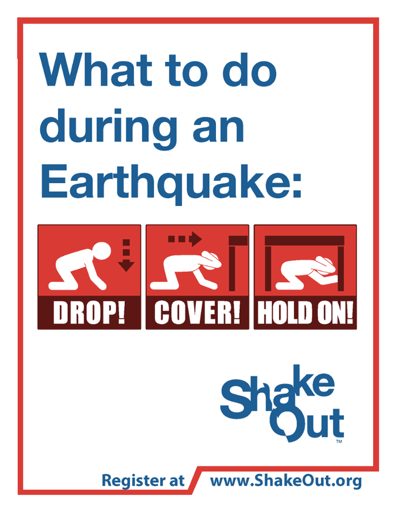 earthquake poster stating to drop, cover, and hold on