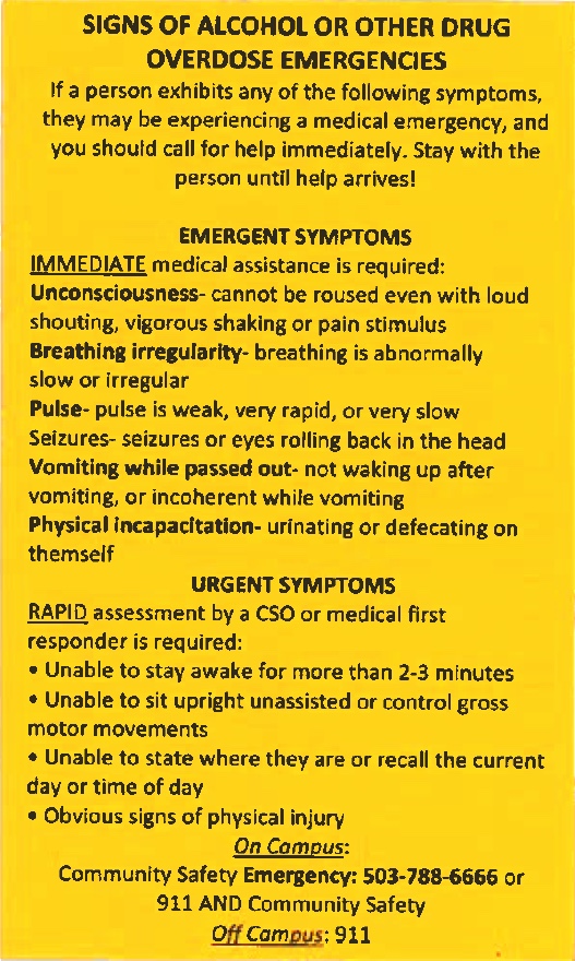 yellow card showing signs of alcohol or other drug overdose symptoms