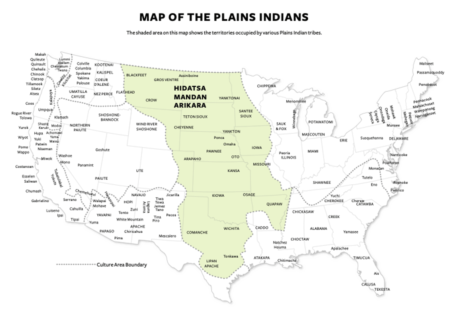 Map of the Plains Indians, with shaded areas showing the territories occupied by various tribes.