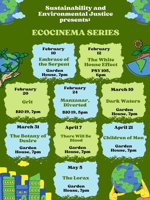 A poster with a grid-like text layout listing all the movie events listed in the text below.