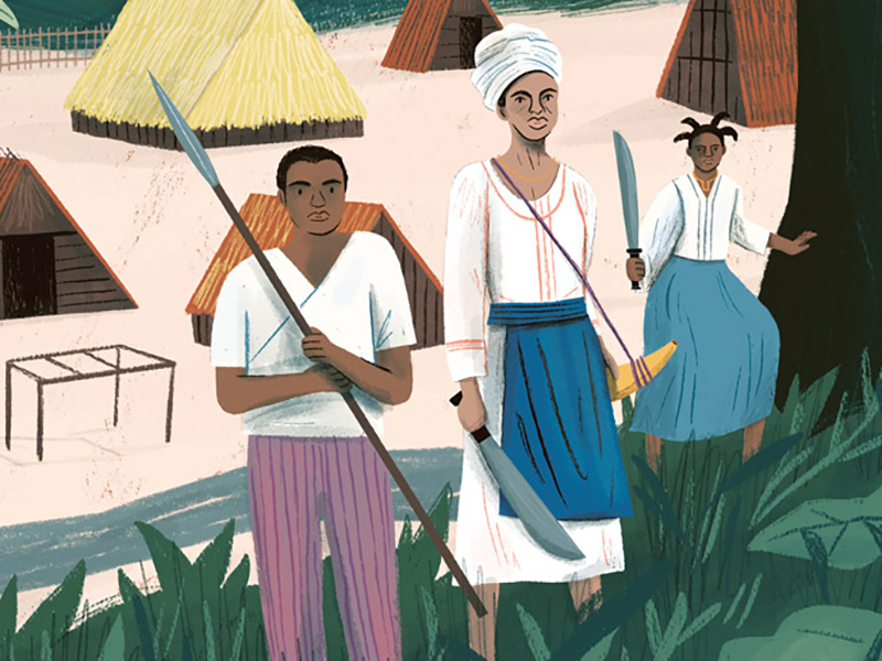 Illustration from the children's book "Hear Our Voices" showing the story of Nanny, a freedom fighter and leader of the Jamaican Maroons.