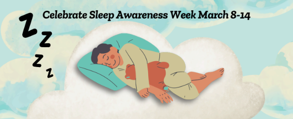 cartoon of person sleeping on bed in clouds with zzz near their head