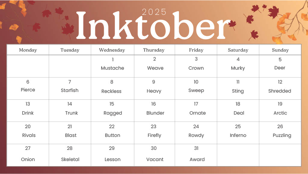 inktober image of prompts for drawings each day