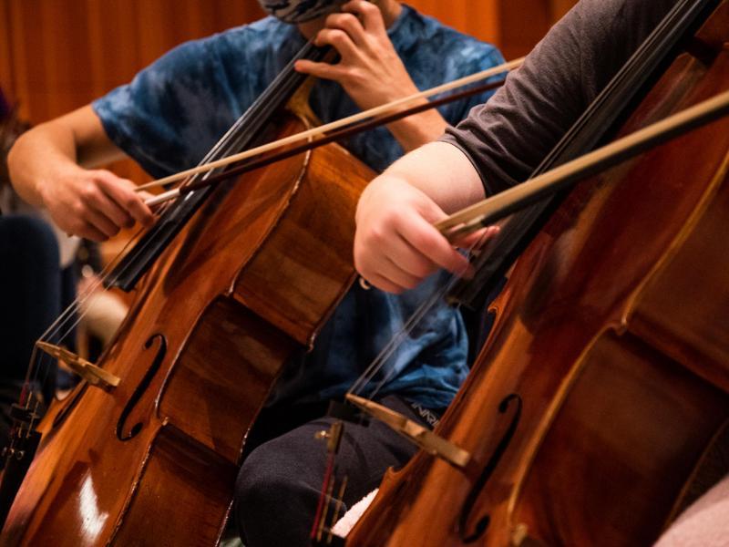 Close-up of two students playing cello during an orchestra performance.