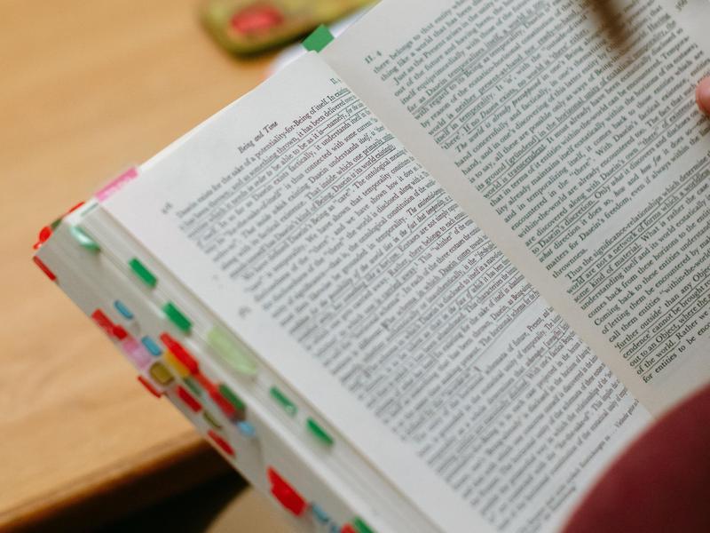 Close-up of an open book with dozens of colorful tabs bookmarking pages.