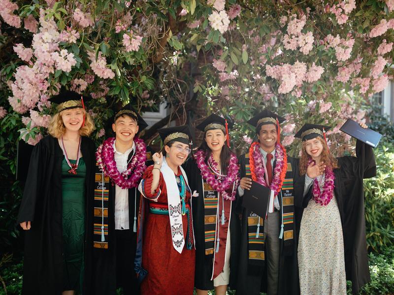 Six graduates in regalia pose while cheering and holding diplomas.
