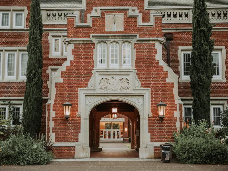A segment of the Old Dorm Block building with a sallyport walkway.