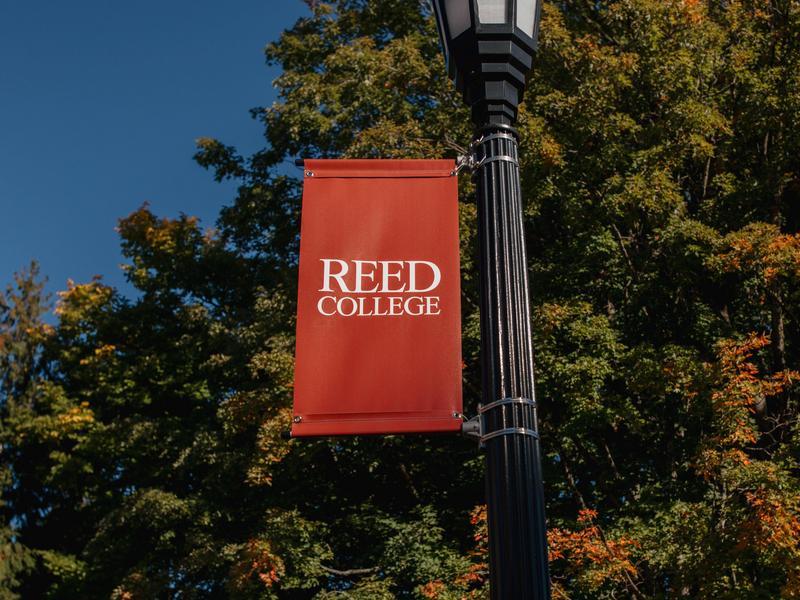 A red Reed College banner hanging from a lamp post in front of a tree.