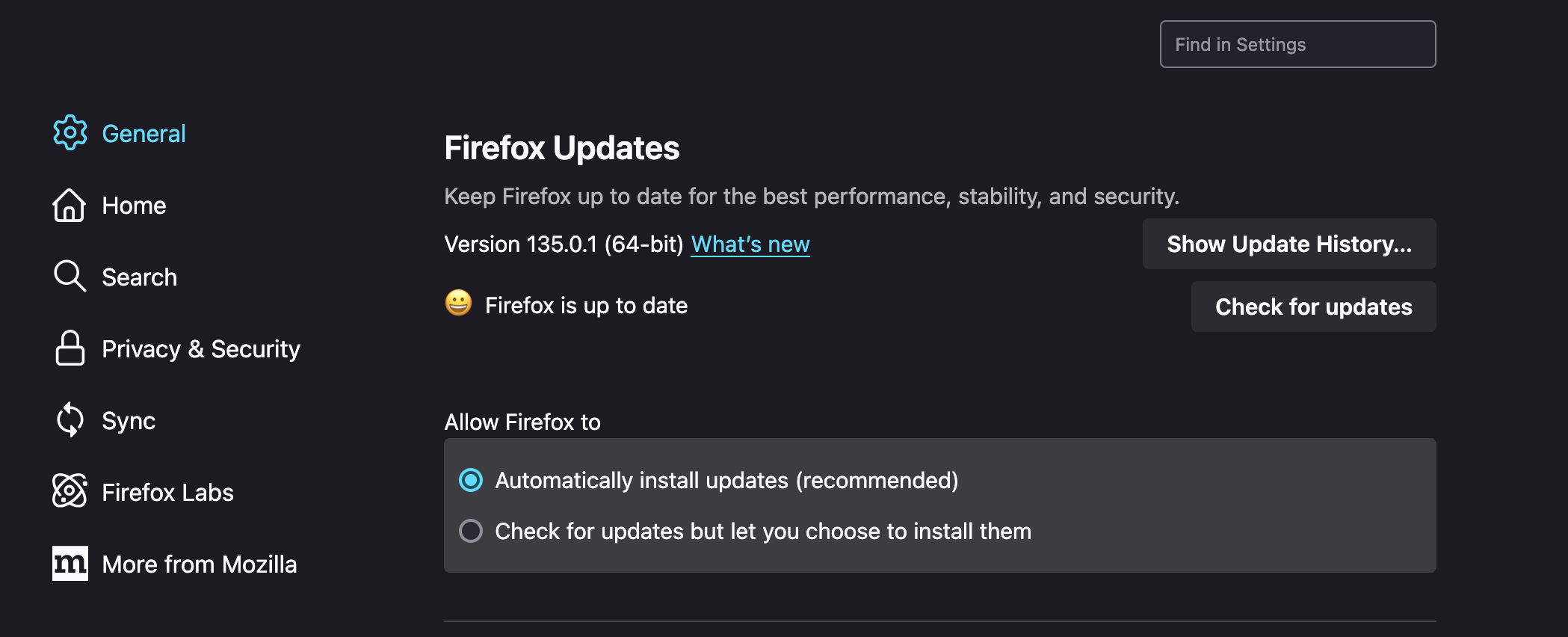 Image of Firefox update settings