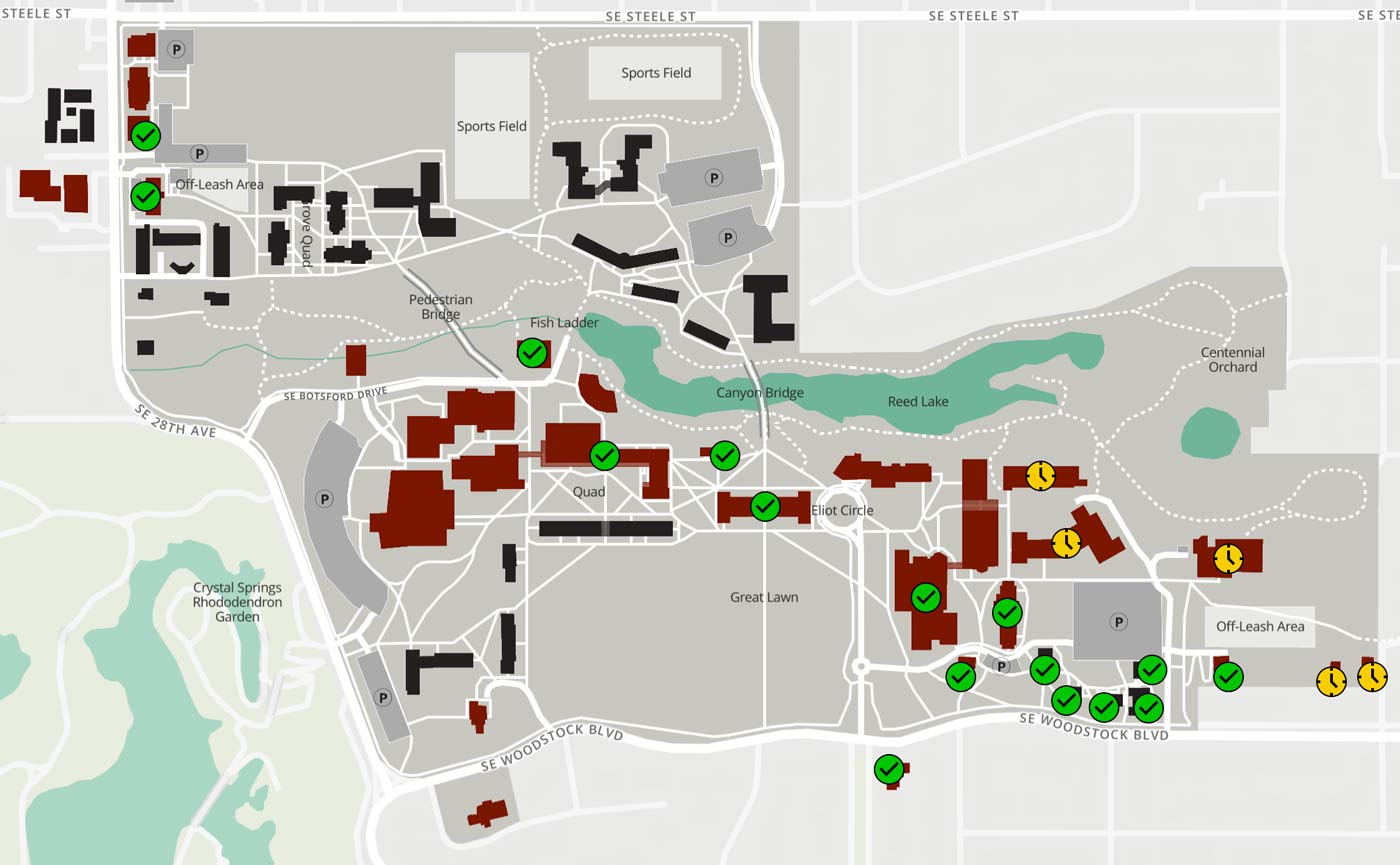 A map of campus with status icons showing which buildings have been completed or are scheduled to have their networks upgraded, as described in the lists below.