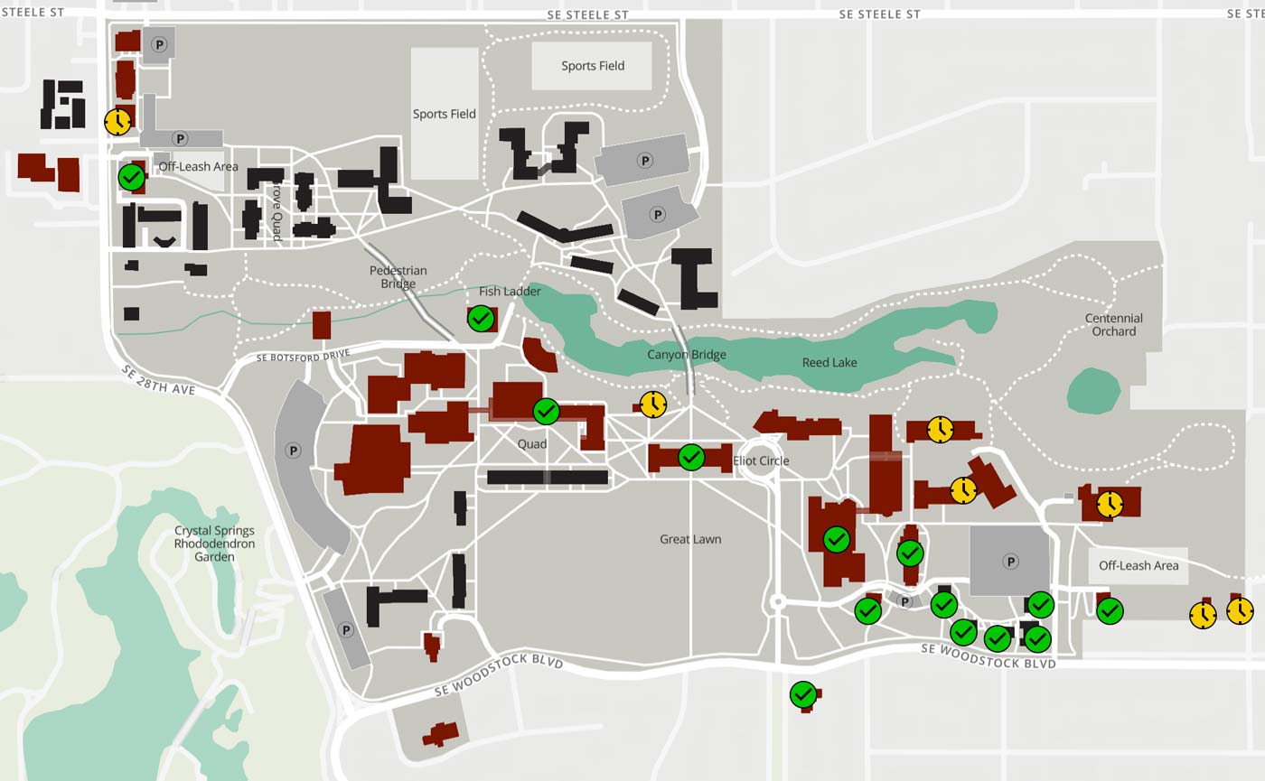 A map of campus with status icons showing which buildings have been completed or are scheduled to have their networks upgraded, as described in the lists below.