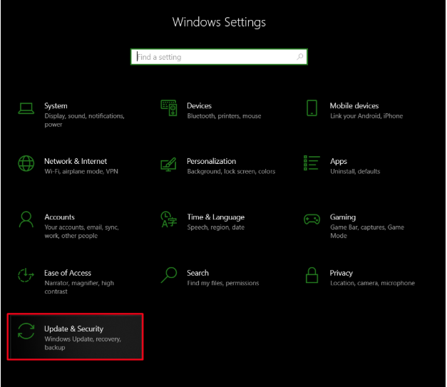 Windows Setting Screen
