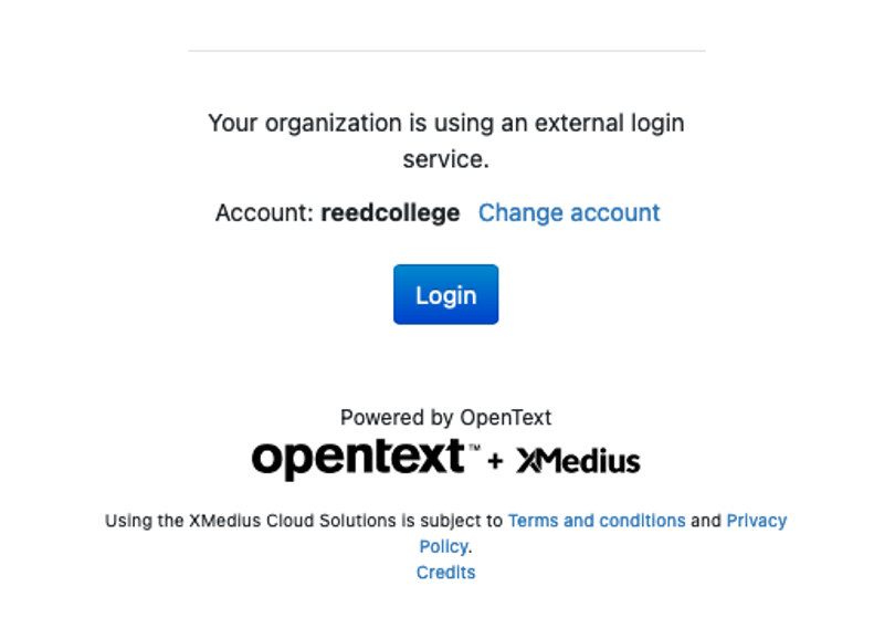 A login window displaying the account name "reedcollege" and a blue login button