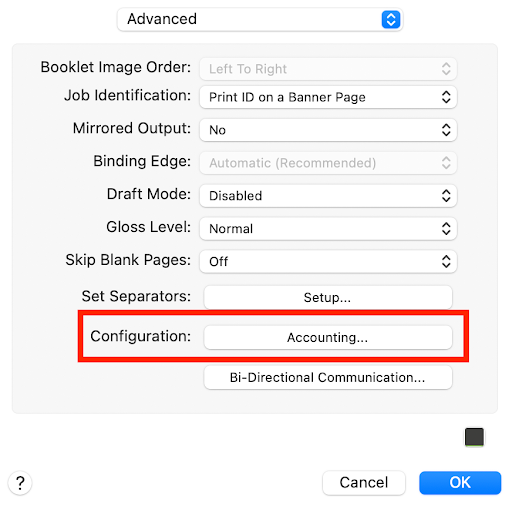 Highlights the configuration setting with the option of accounting.