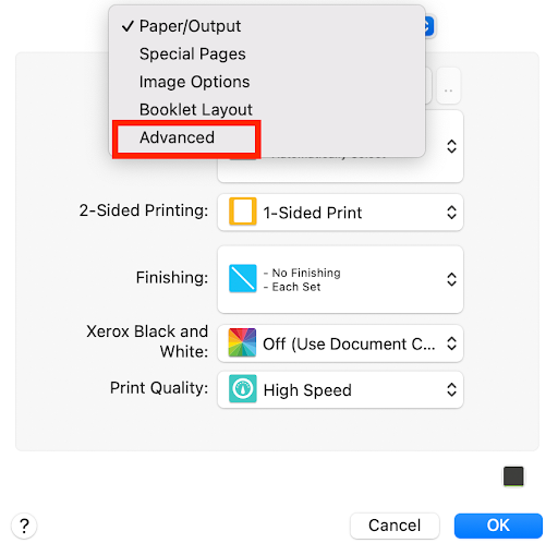 Highlights the advanced settings option.