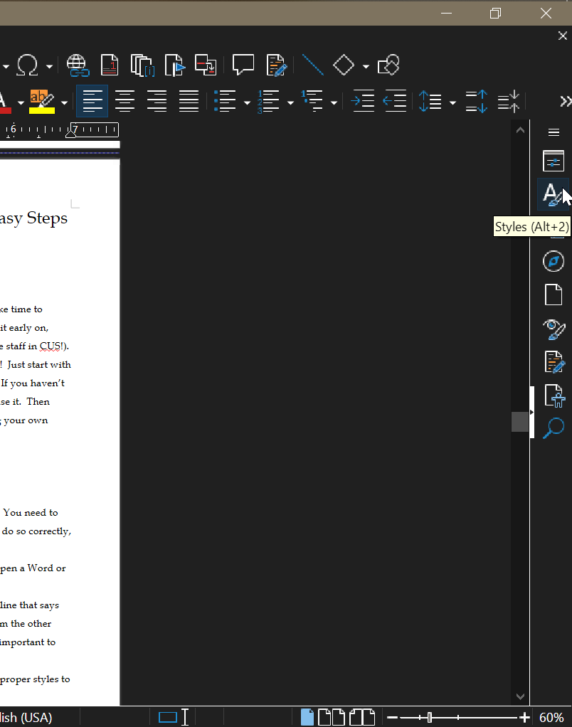 Screenshot of the right pane with "Styles" highlighted. 