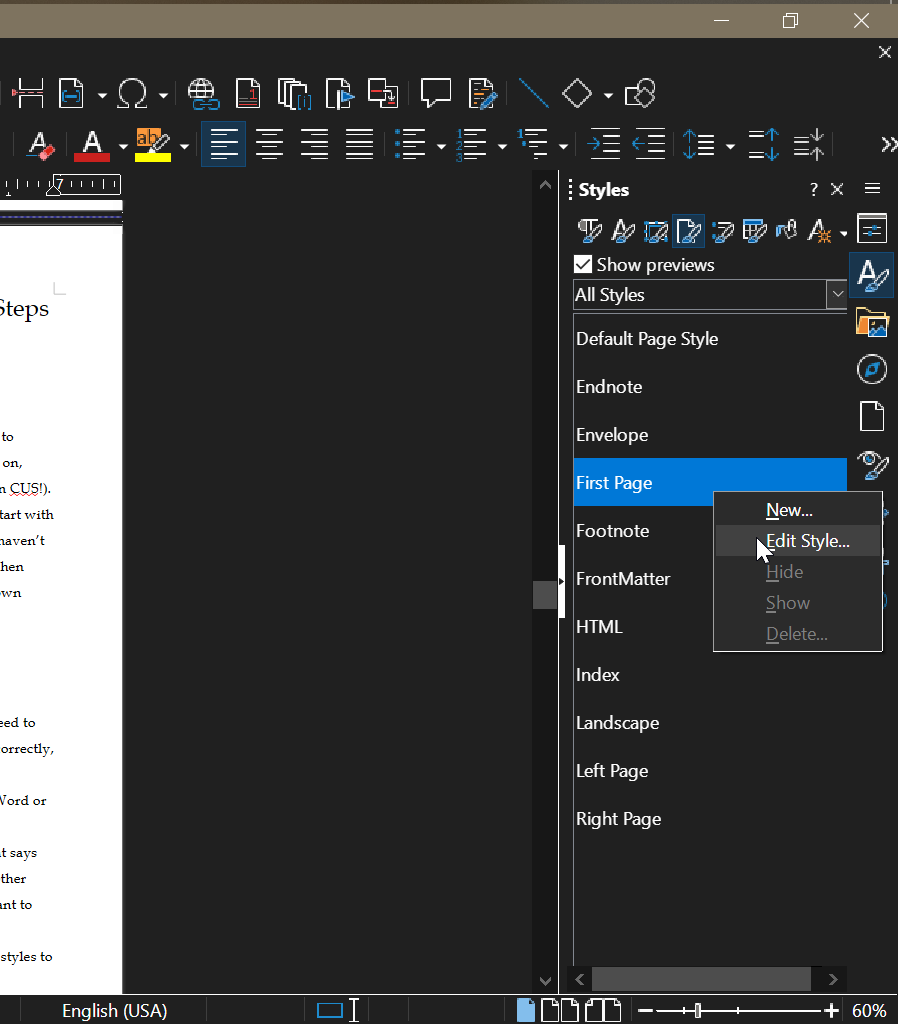 Screenshot of righclicked "First page style"