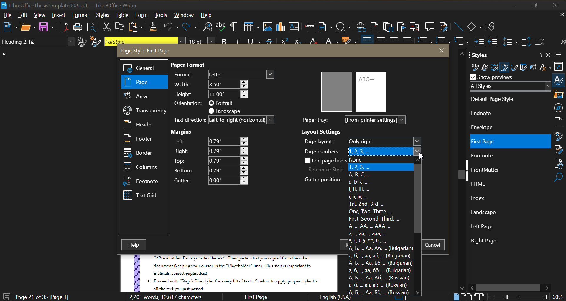 Screenshot of the page style window for "First Page Style"
