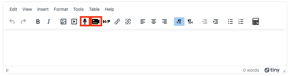 Record audio and record video icons in the TinyMCE toolbar
