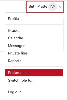 Expanded Moodle user menu showing preferences option selected