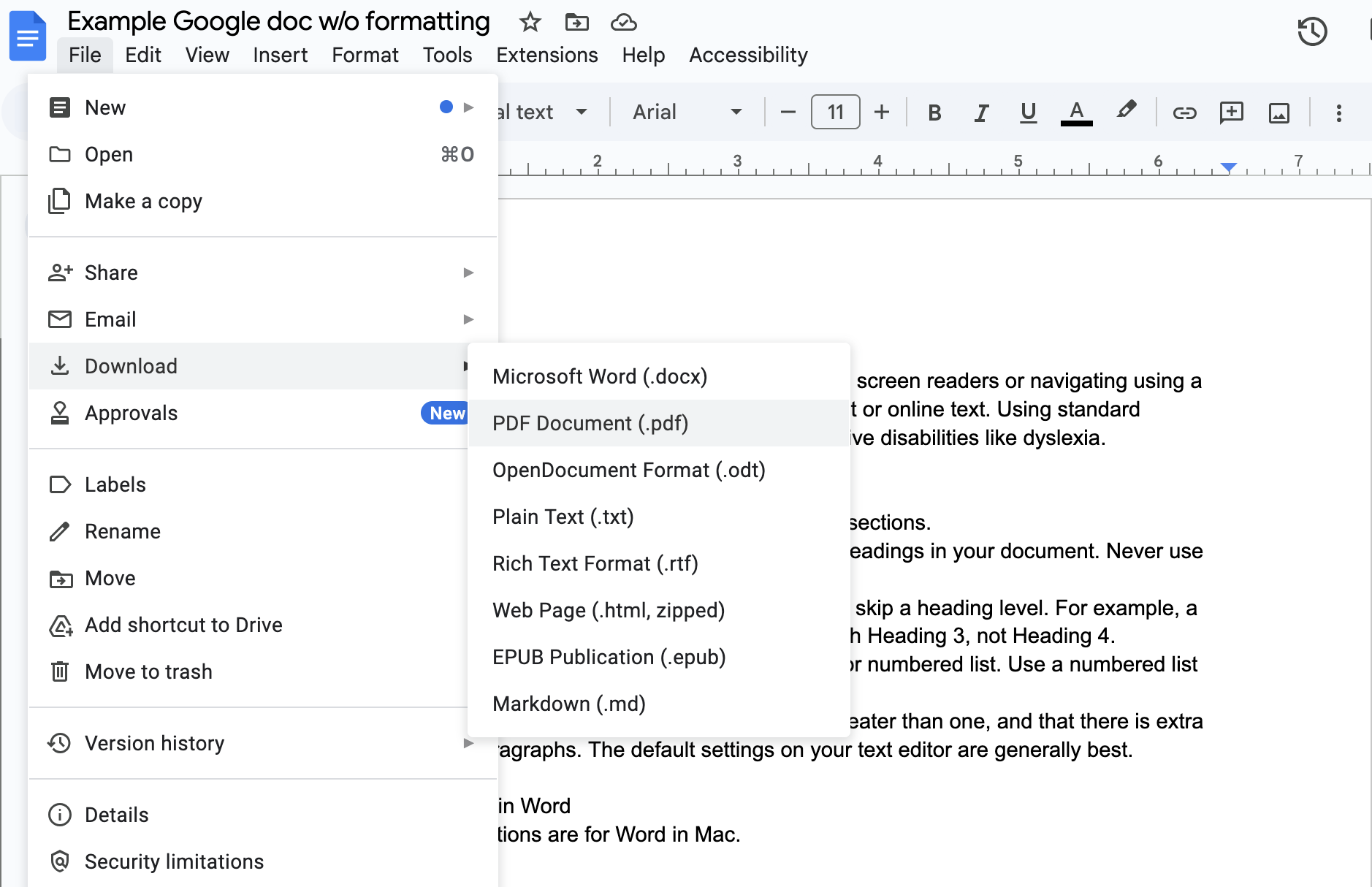 Google Docs interface showing the download as PDF option.
