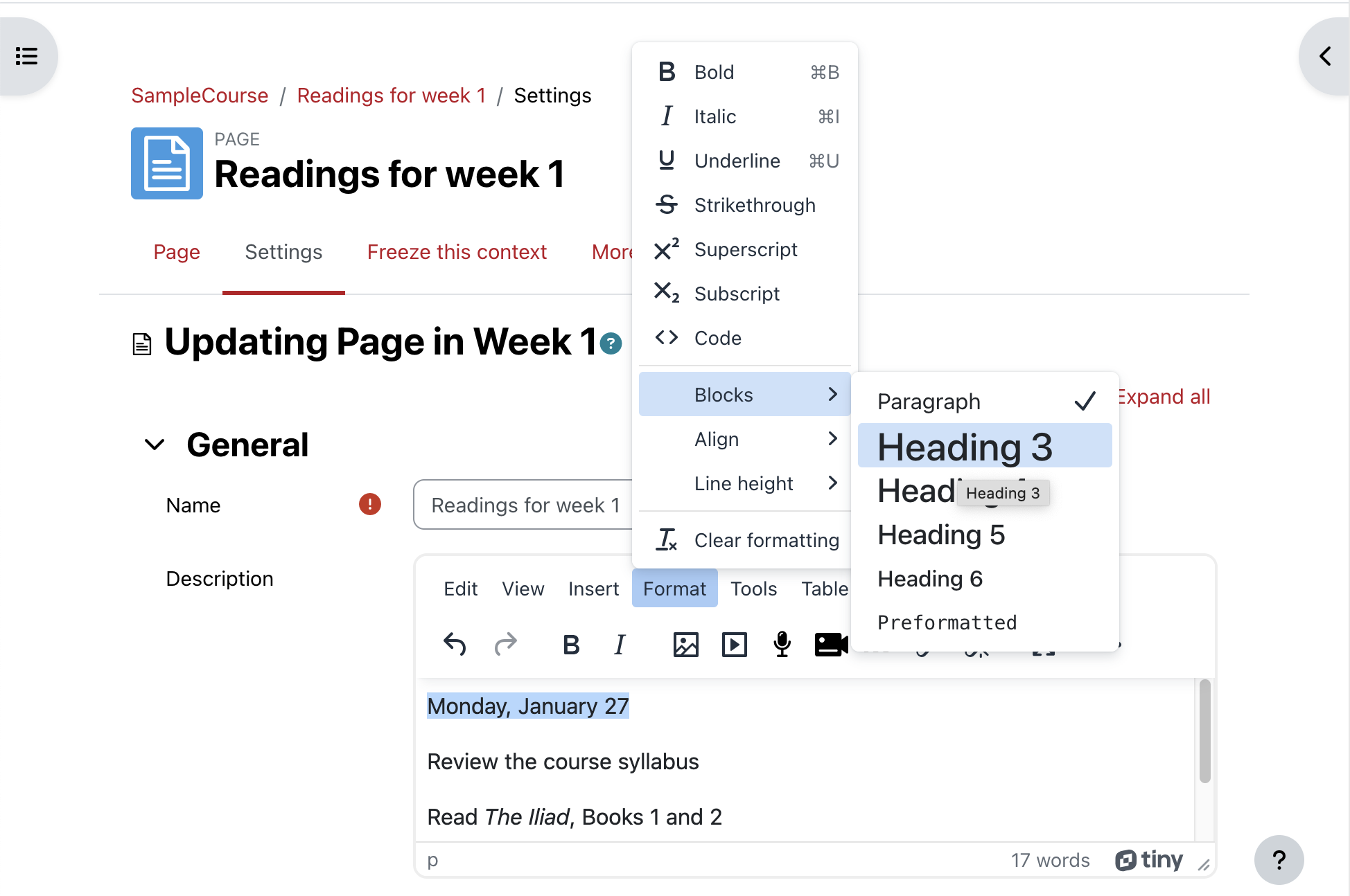 Moodle headings options.