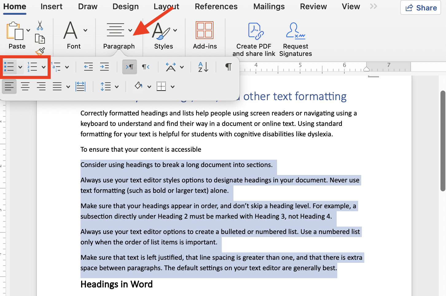 Microsoft Word paragraph options.